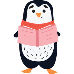 Cartoon Penguin Wearing A Scarf Reading A Pink Book White Background Detailed Illustration