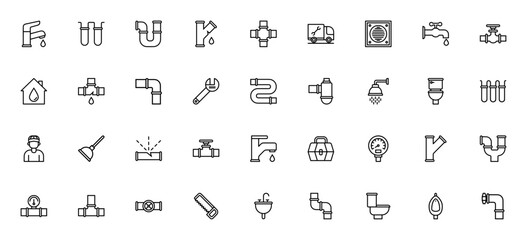 Plumber tools icon set. Minimal vector icons pack. Icludes symbols for faucet,pipe, leak, toilet, valve,wrench, plunger, toolbox ad more. Editable stroke.