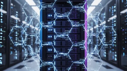 Futuristic Data Center Server Rack with Dynamic Digital Hexagon Network Overlay and Glowing Data Flow High-Tech Computing Infrastructure for Cloud and AI - Powered by Adobe
