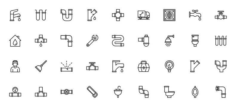 Plumber tools icon set. Minimal vector icons pack. Icludes symbols for faucet,pipe, leak, toilet, valve,wrench, plunger, toolbox ad more. Editable stroke.