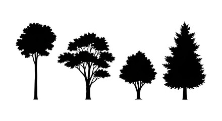 Set of tree silhouettes diverse forest tree shapes in black illustration isolated on white background