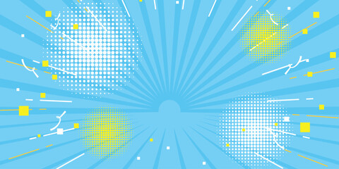 PrintBlue Radial Background with Halftone Circles and Yellow Geometric Shapes