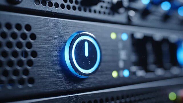 Close-up of a modern server rack power button glowing blue symbolizing IT infrastructure and digital technology in a data center environment representing startup