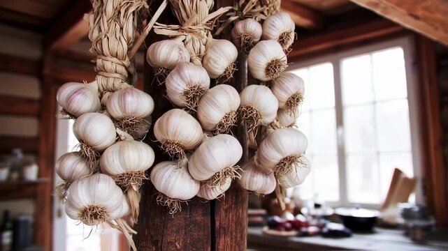 Hanging garlic bulbs in rustic kitchen, traditional drying method, food preparation