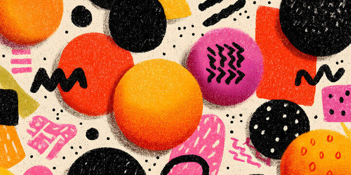 Memphis geometric seamless pattern. Multicolor abstract background in retro 80s, 90s style with various shapes: circles, dots, zigzags, spirals, wavy lines. Bright orange pink cute kid doodle design.