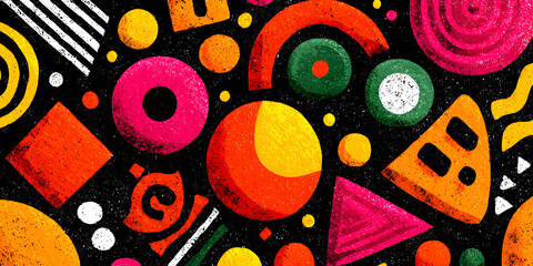 Memphis geometric seamless pattern. Multicolor abstract background in retro 80s, 90s style with various shapes: circles, dots, zigzags, spirals, wavy lines. Bright orange pink cute kid doodle design.
