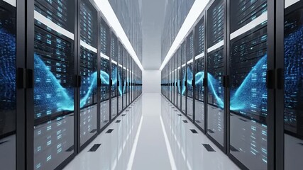 Modern data center with glowing blue server racks Futuristic IT infrastructure for cloud computing big data and global network connectivity High-tech digital - Powered by Adobe