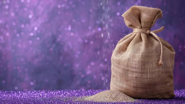 Burlap sack on purple glitter surface with starry background