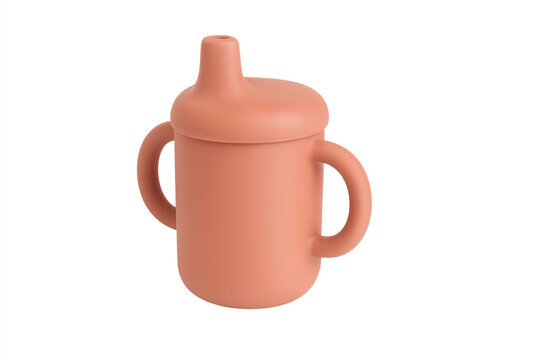Peach toddler sippy cup with handles, transparent background