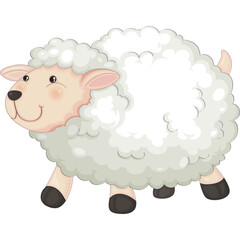 Cartoon Sheep Walking with Fluffy White Wool and Pink Cheeks Detailed Illustration