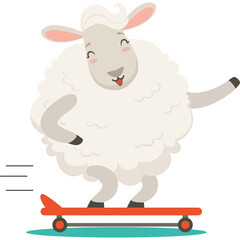 Cartoon Sheep Riding Red Skateboard With Transparent Background And Motion Lines