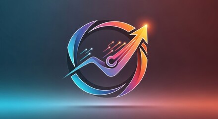 A colorful, abstract logo with a circular design and an upward-pointing arrow inside, set against a gradient background with hues of blue, purple, and orange.