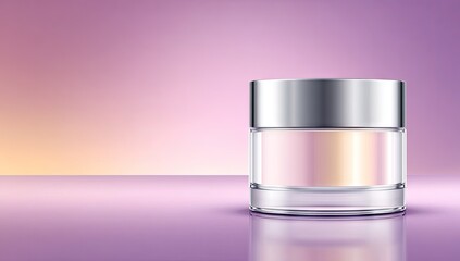 Clear glass jar with silver lid holds cosmetic product on reflective surface.