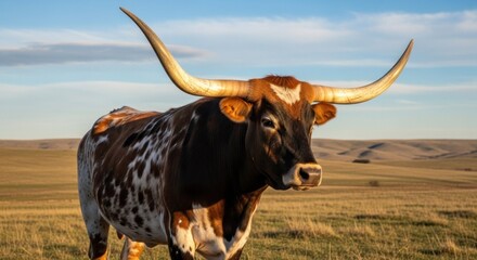 A large, longhorned steer with long, curved horns standing in a grassy field with a clear blue sky in the background.