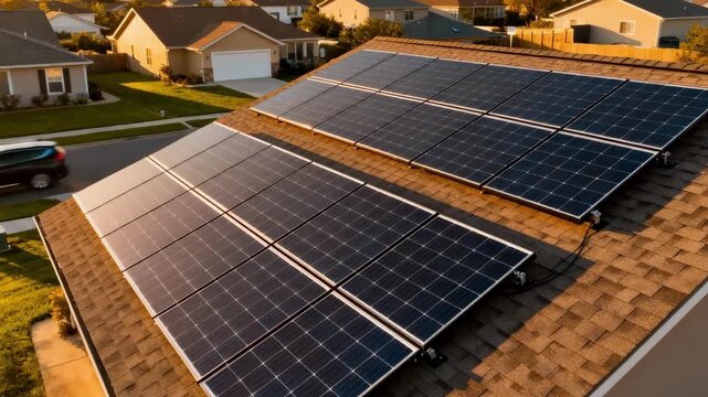 Medium shot of solar panels on residential rooftops capturing clean energy for local distributed generation systems in suburban communities.