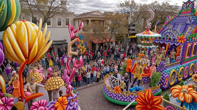 Vibrant Mardi Gras Parade with Colorful Masks and Floats