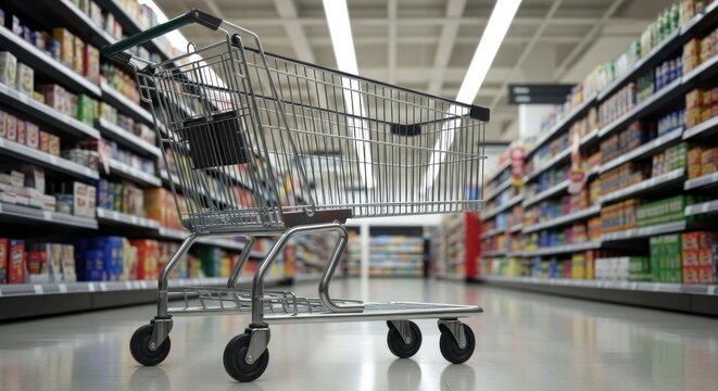Empty supermarket cart in aisle with grocery items in the background.