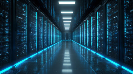 High-Tech Data Center with Glowing Server Racks - Modern IT Infrastructure