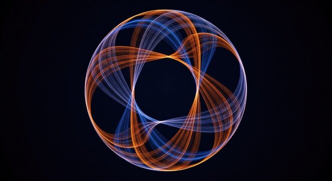 A colorful, abstract, geometric pattern with a circular shape made up of blue and orange lines on a black background.