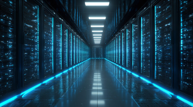 High-Tech Data Center with Glowing Server Racks - Modern IT Infrastructure
