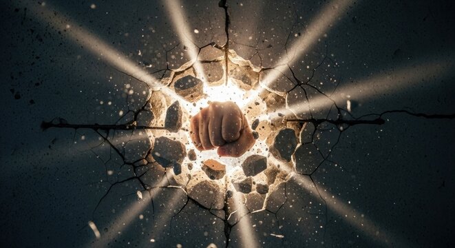 A fist punching through a wall with a bright light shining through the cracks.