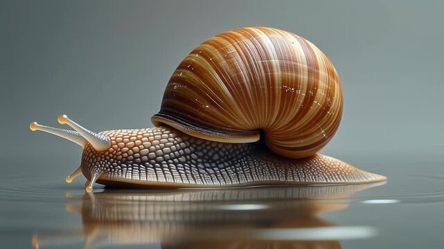 Close-up studio shot of a common garden snail with a striped shell on a reflective surface.