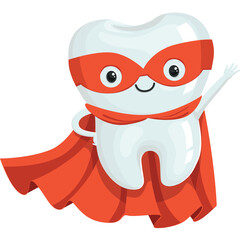 Cartoon Superhero Tooth Character With Red Cape And Mask Waving Hello In A Fun And Playful Style