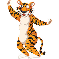 Cartoon Tiger Dancing Joyfully on a Transparent White Background in a Dynamic Pose with Orange Black and White Colors Representing Playfulness and Energy