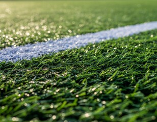 Morning dew glistening on a vibrant green artificial turf soccer field with a crisp white boundary line