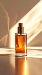 Perfume bottle, amber liquid, sunlit surface