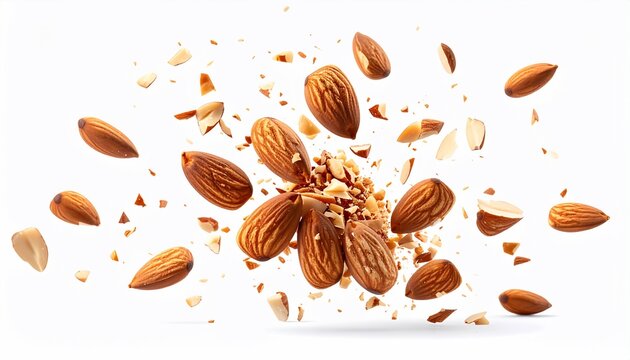 Almonds in motion Exploding nuts  crushed pieces against a clean white background. - Powered by Adobe