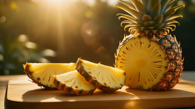 Freshly cut pineapple and slices on a wooden board bathed in warm sunlight.