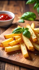 Golden fries, basil garnish, ketchup, on wooden board