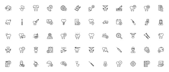 Dental icon set. Vector healthcare symbols collectio. Featuring tooth, dentist implant, braces, checkup,appointment, insurance andmore.