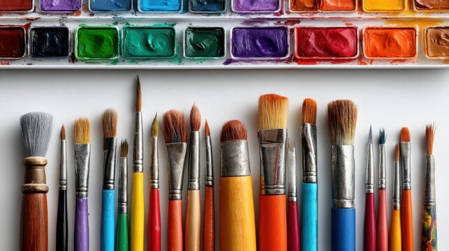 Overhead View of a Watercolor Paint Palette and an Assortment of Colorful Paintbrushes on a White Background, Showcasing Artistic Tools for Painting, Creative Expression, and Art Supplies for Artists