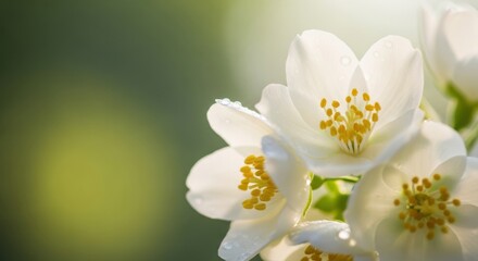 Obraz premium Delicate white jasmine blossoms with golden centers in soft sunlight