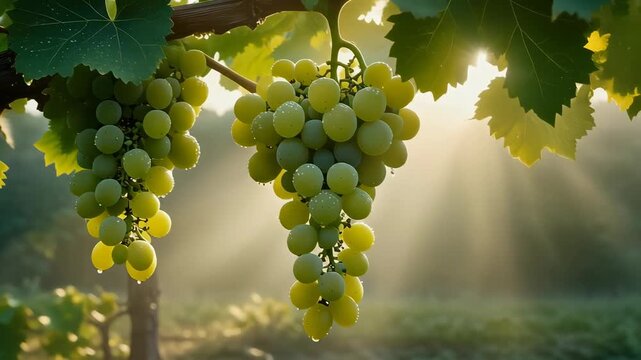 Lush green grapes hanging from a vine in a vineyard with morning sunlight filtering through the leaves.