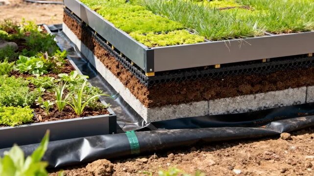 Medium shot of modular green roof panels being installed highlighting sustainable landscaping techniques and structural layers