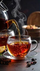 Steaming tea pouring into glass cup