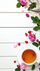 Tea cup amidst rose petals on white wood surface