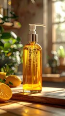 Golden liquid in pump bottle, lemons & light