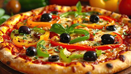 Topped pizza pie with peppers, olives, and basil