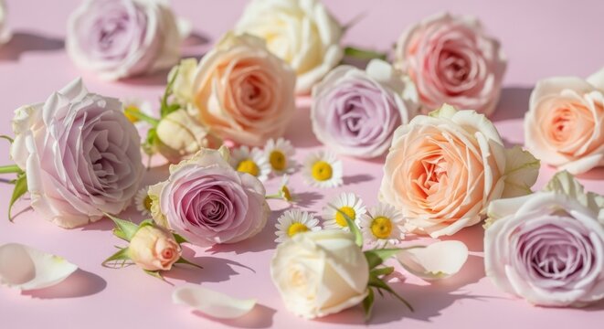 Soft pastel roses and daisies scattered on a pink surface