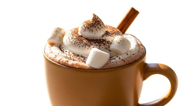 Hot chocolate mug with whipped cream, marshmallows, and cinnamon stick, isolated on white background, soft light, stock photography style