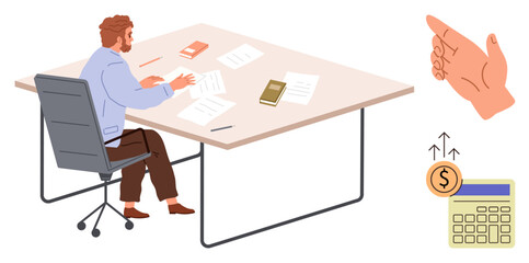 Man sitting at a desk organizing papers, surrounded by books and documents. Includes visual concepts of financial growth, calculation, and planning. Ideal for business, finance, productivity