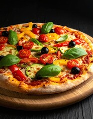 Pizza with fresh veggies, cheese, and basil on wood