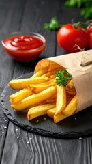 Golden fries, ketchup, parsley on dark textured stone