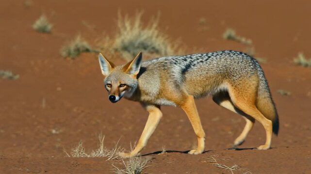 A black-backed jackal with distinctive black and silver fur walks across a reddish desert landscape.