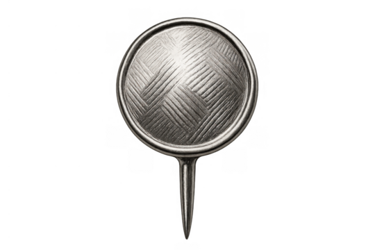 Silver metal thumbtack creating a point marker and symbol for location, office, or idea organization, transparent background