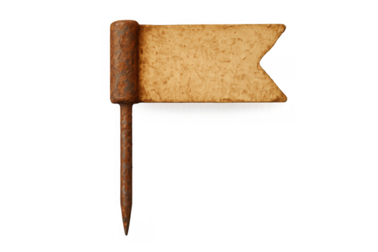 Vintage rusty nail with blank old parchment flag banner for marking locations or important messages